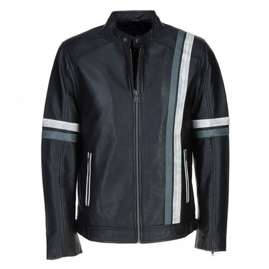 Men's Motorcycle Leather Jacket Gray & White Stripes | Blue & Black