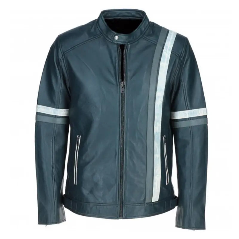 Men's Motorcycle Leather Jacket Gray & White Stripes | Blue & Black The Stitch Fit