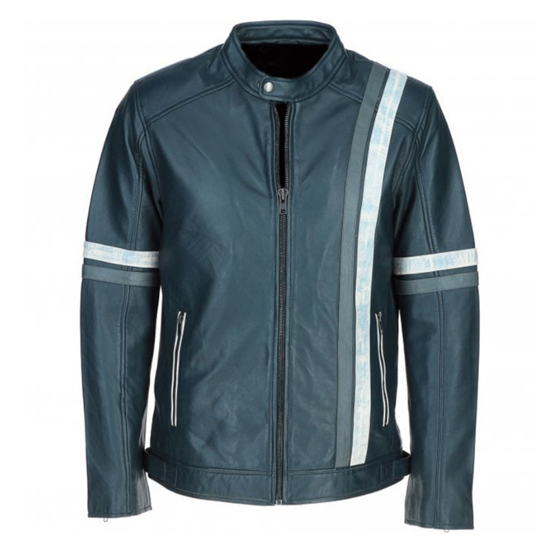 Men's Motorcycle Leather Jacket Gray & White Stripes | Blue & Black