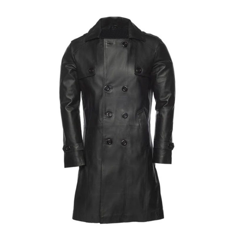 Mens Double Breasted Leather Trench Coat | Black The Stitch Fit