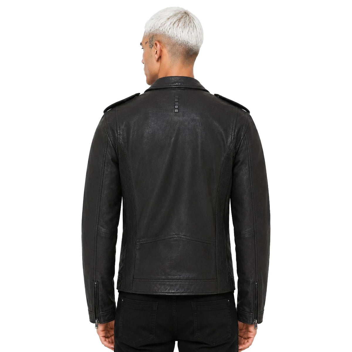 Back view of men’s black genuine leather biker jacket with ribbed side panels SKU 2301