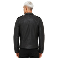 Back view of men’s black genuine leather biker jacket with ribbed side panels SKU 2301