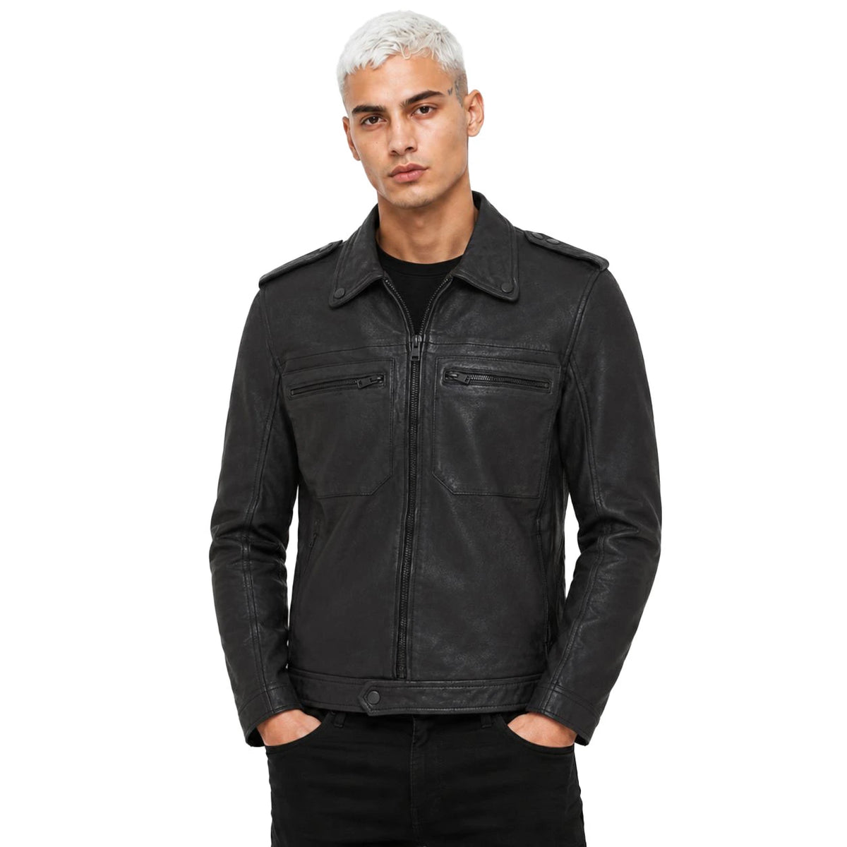 Men’s black moto genuine leather jacket with snap collar and zip chest pockets SKU 2301