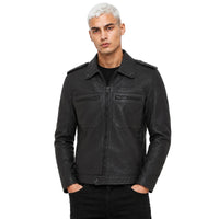 Men’s black moto genuine leather jacket with snap collar and zip chest pockets SKU 2301