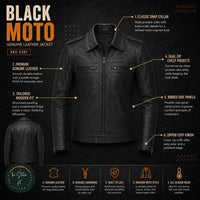 Men’s Black Moto Leather Jacket – Genuine Leather Biker Style Jacket | The Stitch Fit