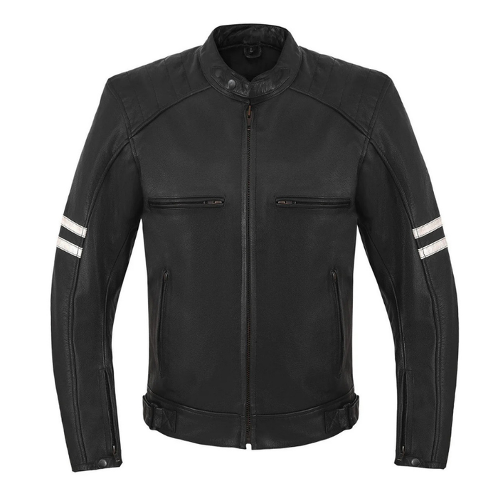 Men's Motor Cycle Leather Jacket with white Stripes Black Shoulders | Black The Stitch Fit