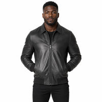 Men's Bomber Leather Jacket  Ribbed Collar & Cuff | Black
