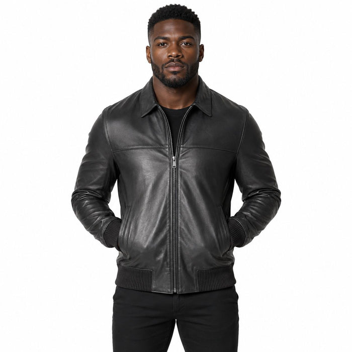 Men's Bomber Leather Jacket  Ribbed Collar & Cuff | Black