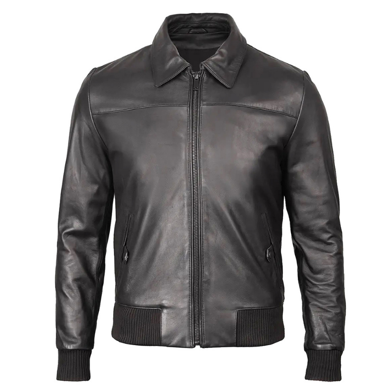 Men's Bomber Leather Jacket  Ribbed Collar & Cuff | Black