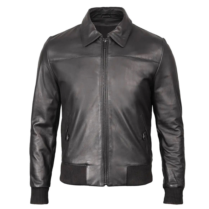 Men's Bomber Leather Jacket  Ribbed Collar & Cuff | Black The Stitch Fit