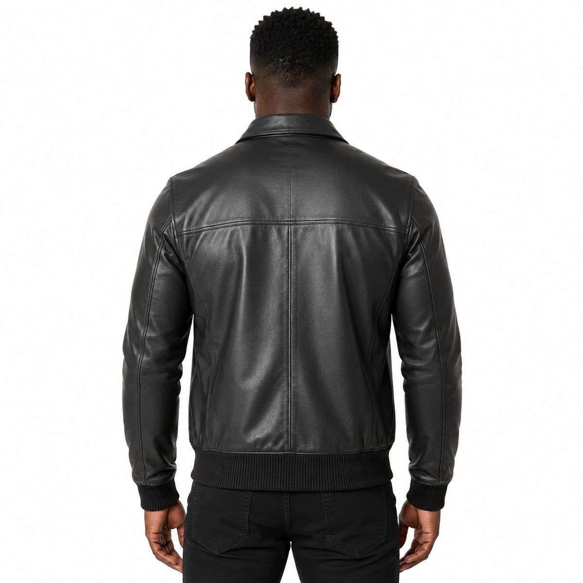 Men's Bomber Leather Jacket  Ribbed Collar & Cuff | Black
