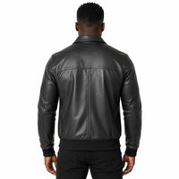 Men's Bomber Leather Jacket  Ribbed Collar & Cuff | Black