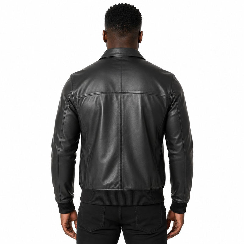 Men's Bomber Leather Jacket  Ribbed Collar & Cuff | Black