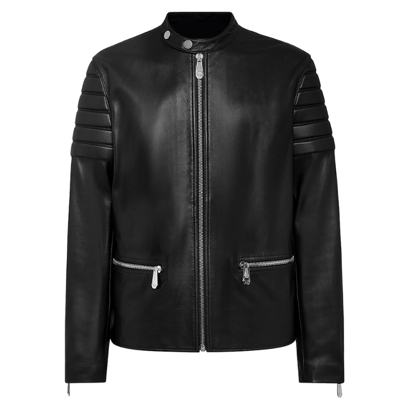 Men's Motorcycle Style Leather Jacket Quilted Sleeves Full Zip Front Multiple Pockets | Black The Stitch Fit