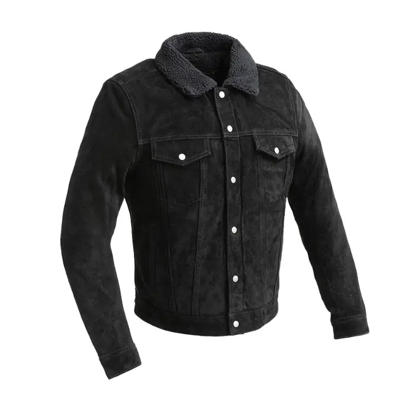 Men's Sherpa Collar Suede Trucker Leather Jacket | Black The Stitch Fit