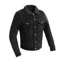 Men's Sherpa Collar Suede Trucker Leather Jacket | Black The Stitch Fit