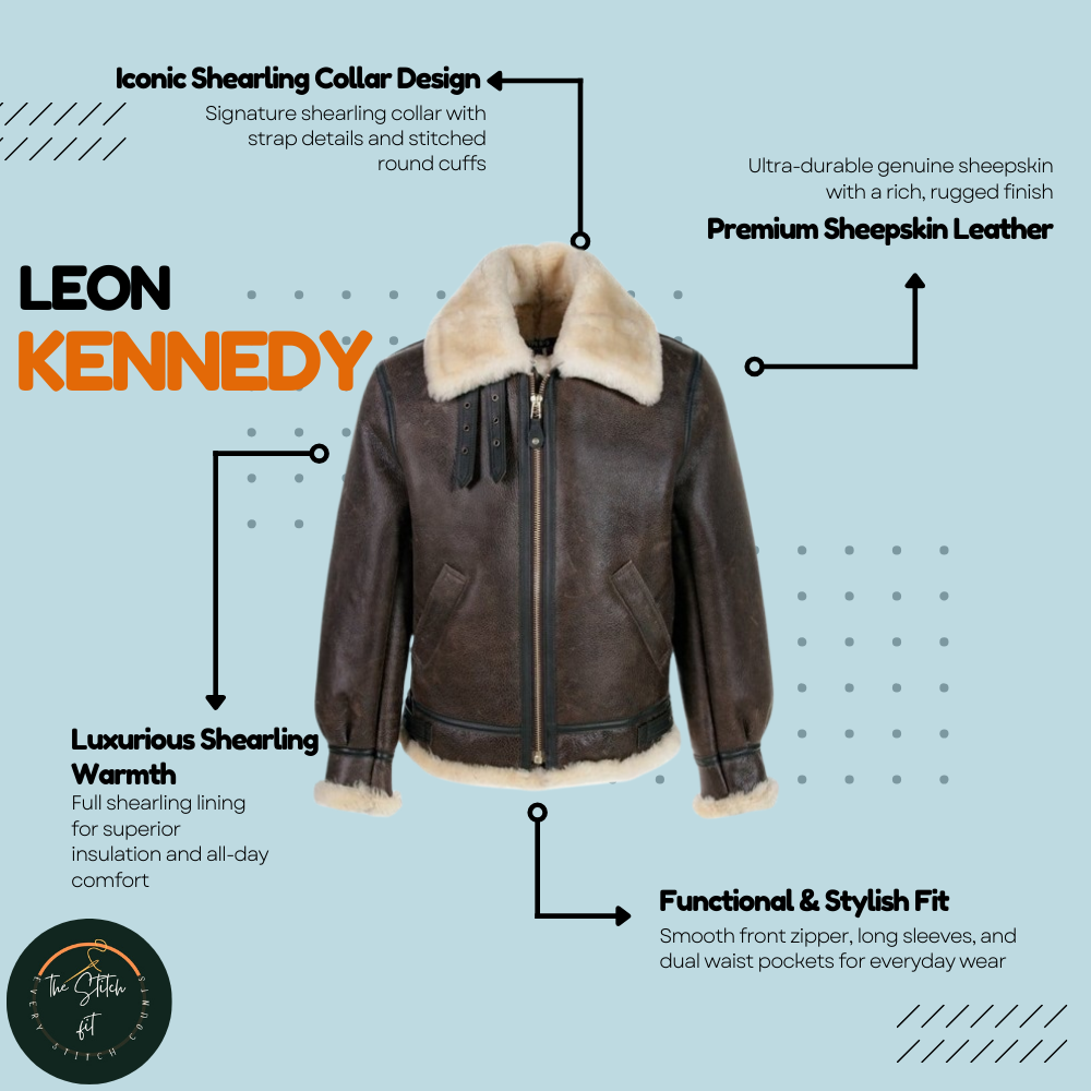 Leon Kennedy Shearling Leather Jacket – Men’s Brown Aviator Bomber Inspired by Resident Evil (RE4) The Stitch Fit