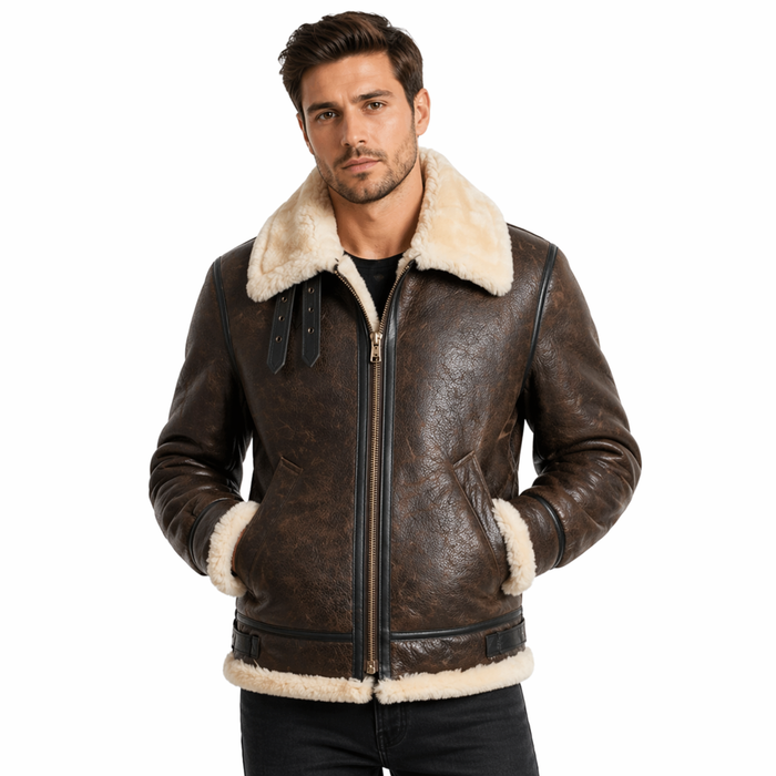 Leon Kennedy Shearling Leather Jacket – Men’s Brown Aviator Bomber Inspired by Resident Evil (RE4)