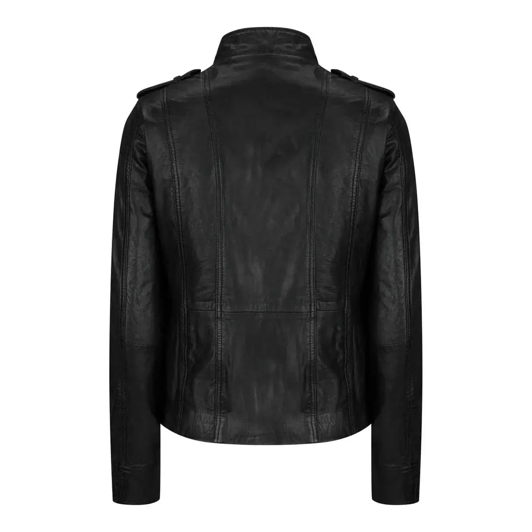 Women's Leather Motorcycle Jacket Multiple Zip Pockets Stand Collar | Black The Stitch Fit