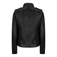 Women's Leather Motorcycle Jacket Multiple Zip Pockets Stand Collar | Black The Stitch Fit