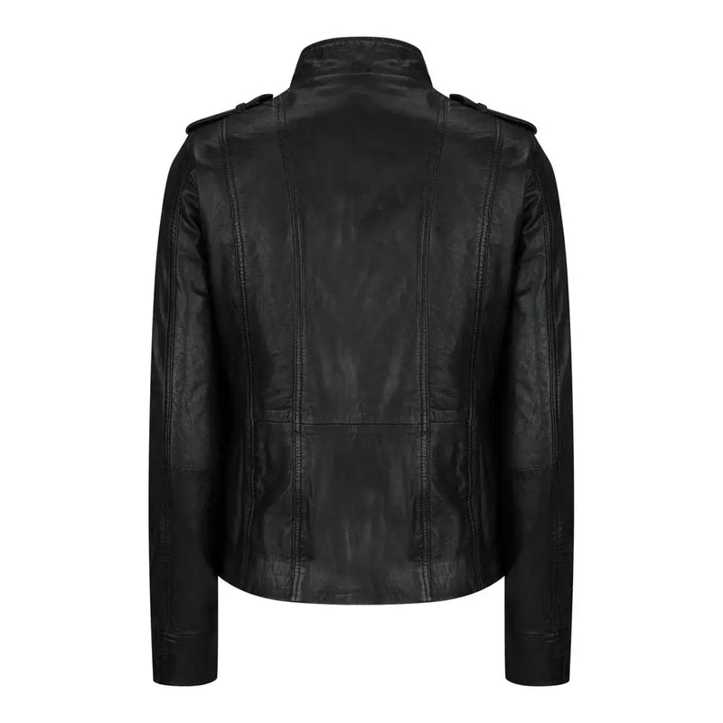 Women's Leather Motorcycle Jacket Multiple Zip Pockets Stand Collar | Black The Stitch Fit