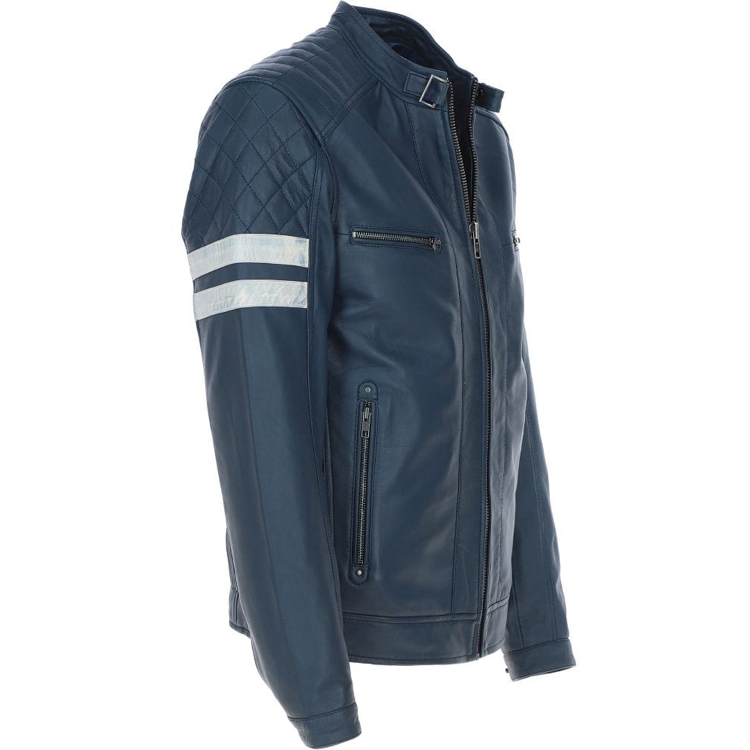 Men's Leather Motorcycle Jacket with Quilted Shoulder & White Stripes | Blue & Black The Stitch Fit
