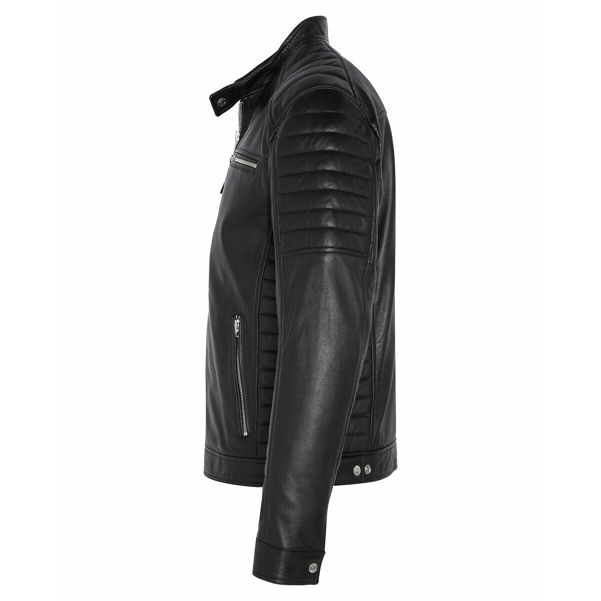 Men's  Leather Jacket with Zippers and Quilted Shoulder | Black The Stitch Fit