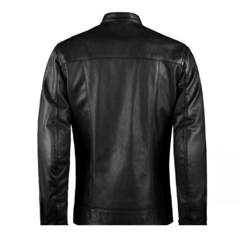 Men's Leather Biker Jacket with Red Stripes, Zip Front | Black The Stitch Fit