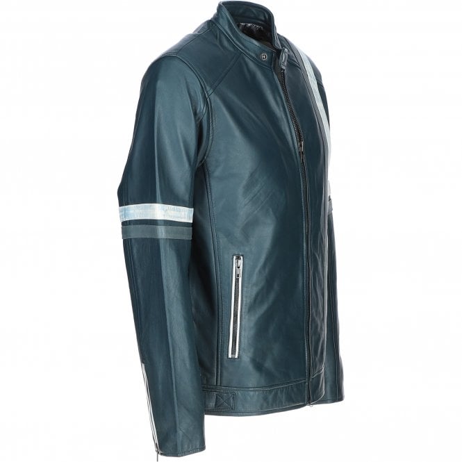 Men's Motorcycle Leather Jacket Gray & White Stripes | Blue & Black