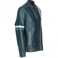 Men's Motorcycle Leather Jacket Gray & White Stripes | Blue & Black The Stitch Fit