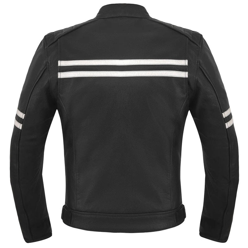 Men's Motor Cycle Leather Jacket with white Stripes Black Shoulders | Black The Stitch Fit