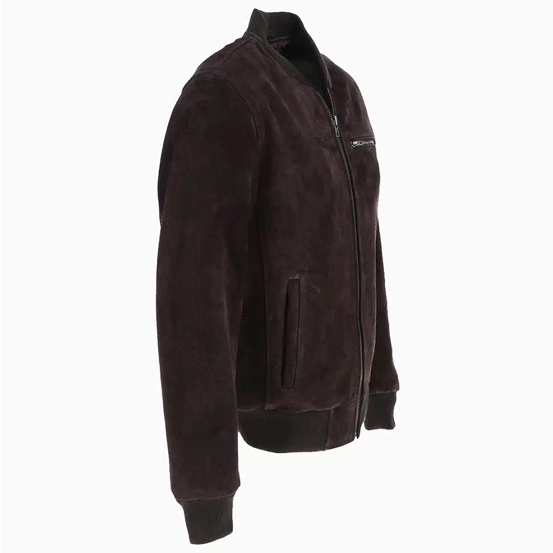 Men's Suede Bomber Jacket  Leather, Full Zip Front with Chest Pocket | Brown The Stitch Fit