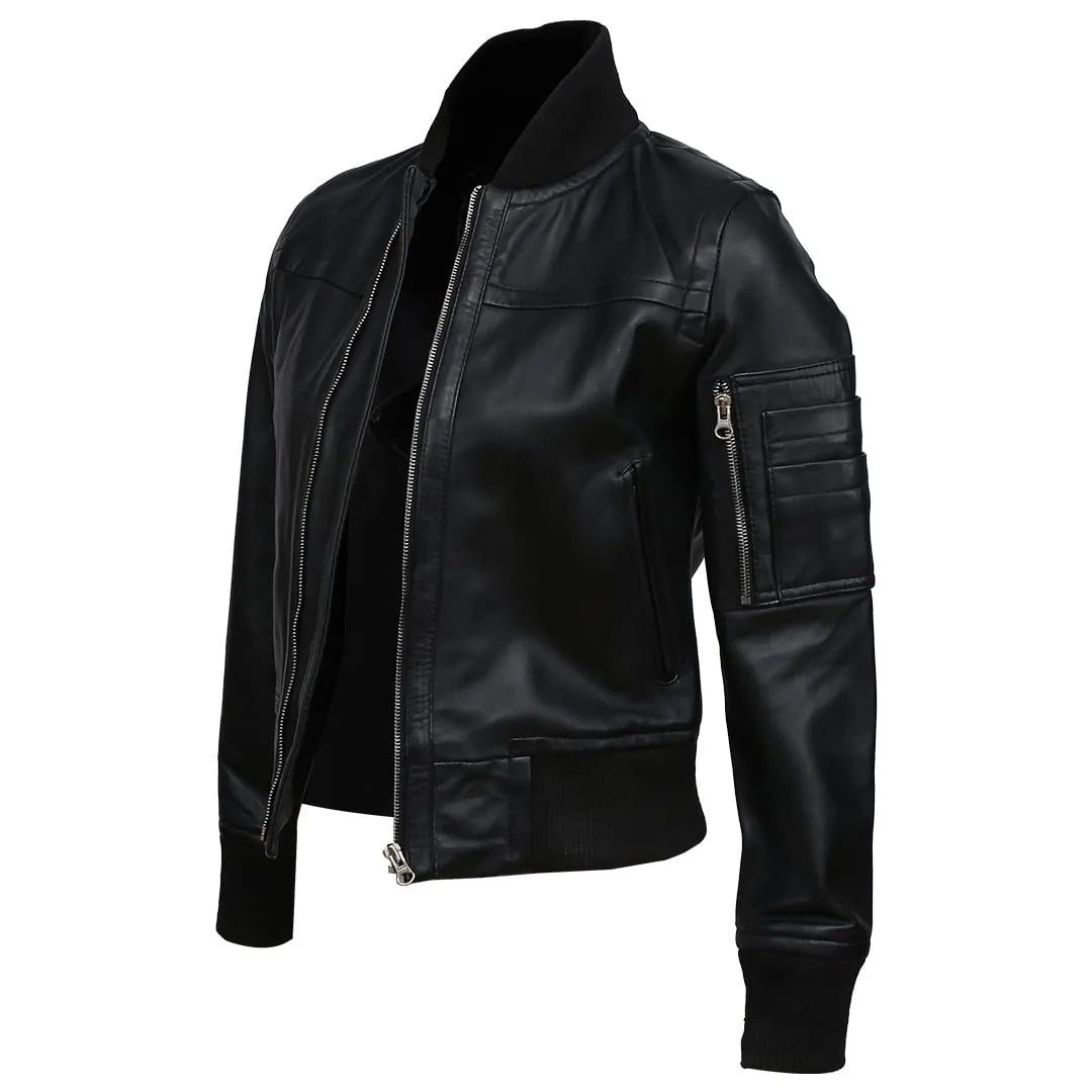 Women's Real Sheep Leather Motorcycle Bomber Jacket | Black The Stitch Fit