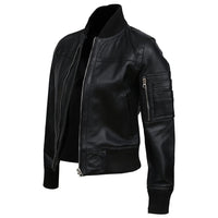 Women's Real Sheep Leather Motorcycle Bomber Jacket | Black The Stitch Fit