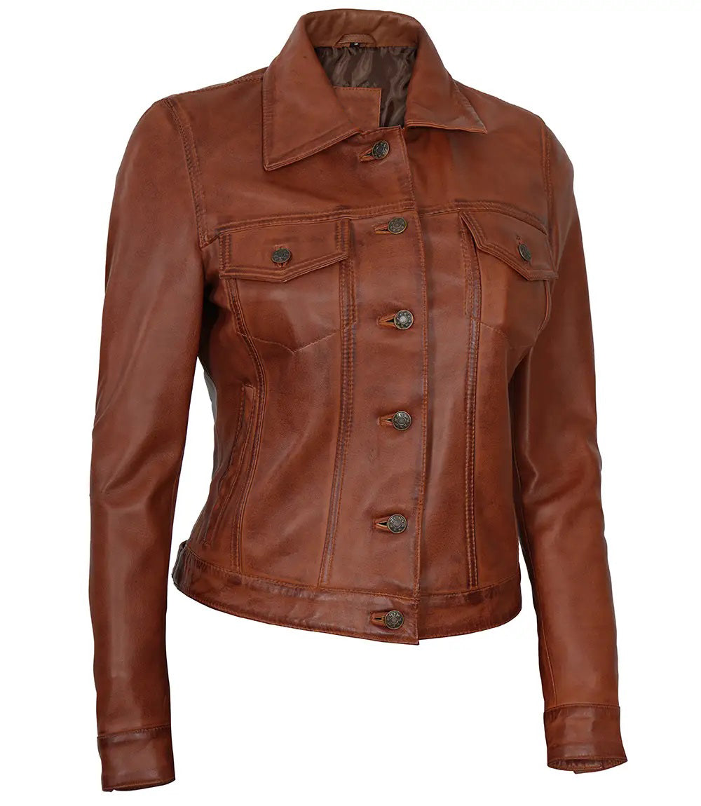 Women's Leather Harrington Moto Trucker Jacket | Brown The Stitch Fit