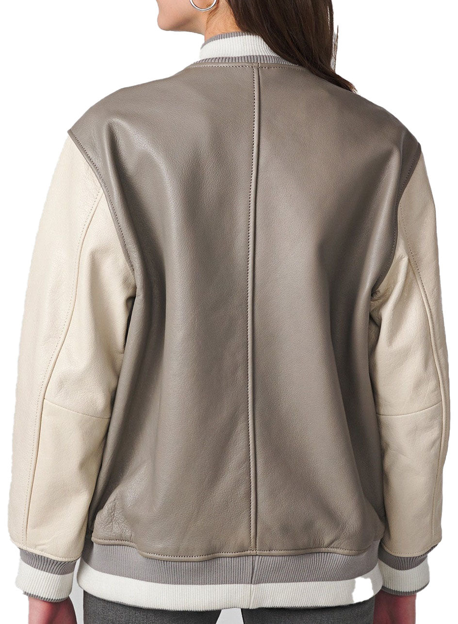 Women's Varsity Leather Suede Bomber Jacket | Gray The Stitch Fit