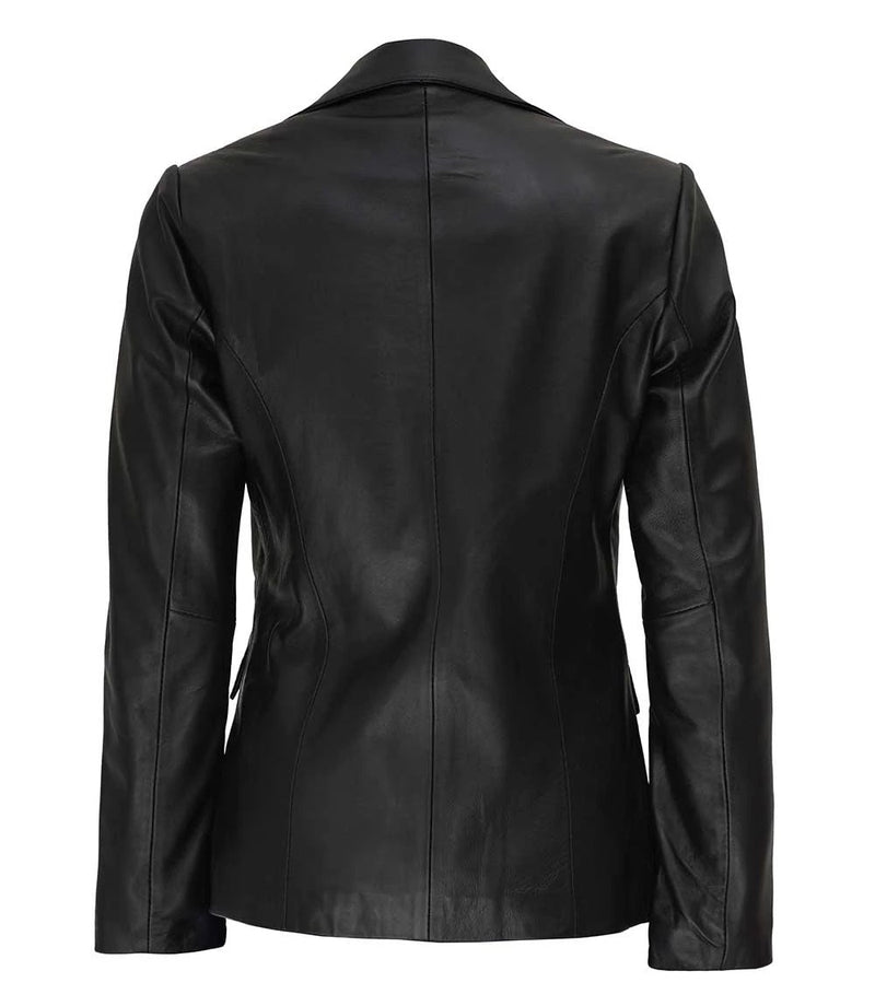 Women's Two Button Black Lambskin Leather Blazer Jacket | Black The Stitch Fit