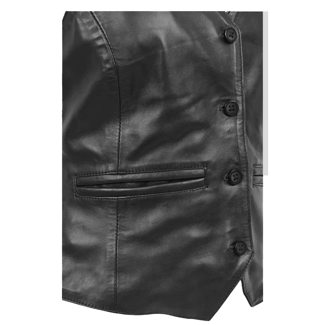 Women's Sheepskin Leather V Neck Vest, 4-Button Closure, Back Adjuster Strap | Black The Stitch Fit