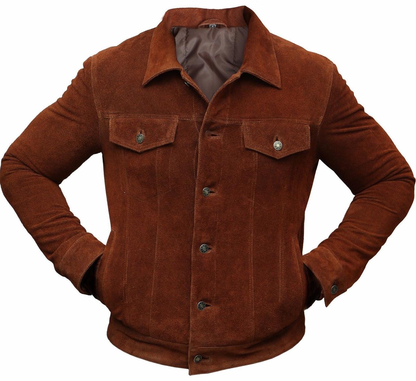 Men's Trucker Suede Leather Jacket,  X-Men 2017 Logan Wolverine 3 Hugh Jackman Style | Brown