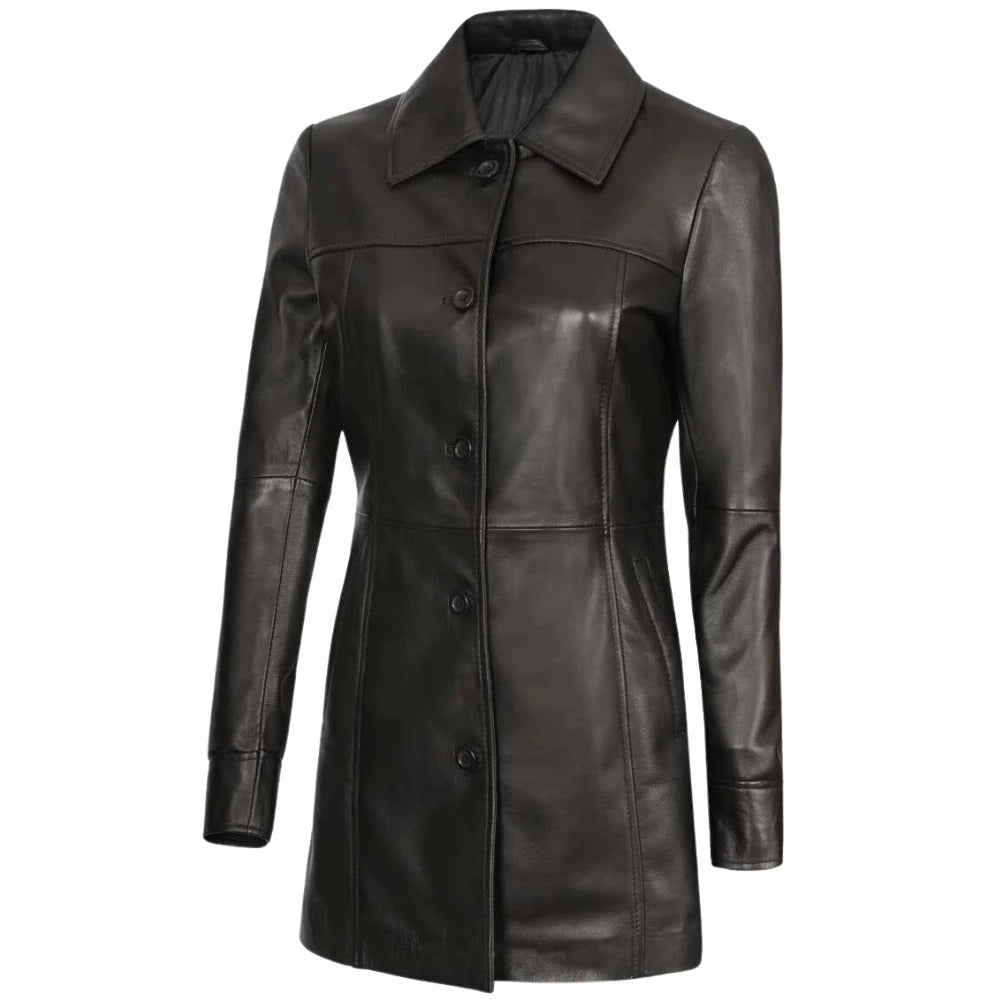 Women's Genuine Lambskin Leather Coat, 3/4 Length | Black The Stitch Fit