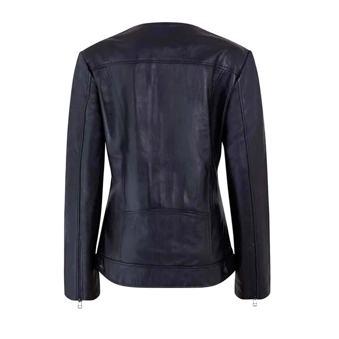 Women's Café Racer Zip-Front Leather Jacket, Collarless Design | Black The Stitch Fit