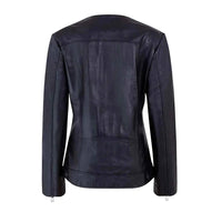 Women's Café Racer Zip-Front Leather Jacket, Collarless Design | Black The Stitch Fit