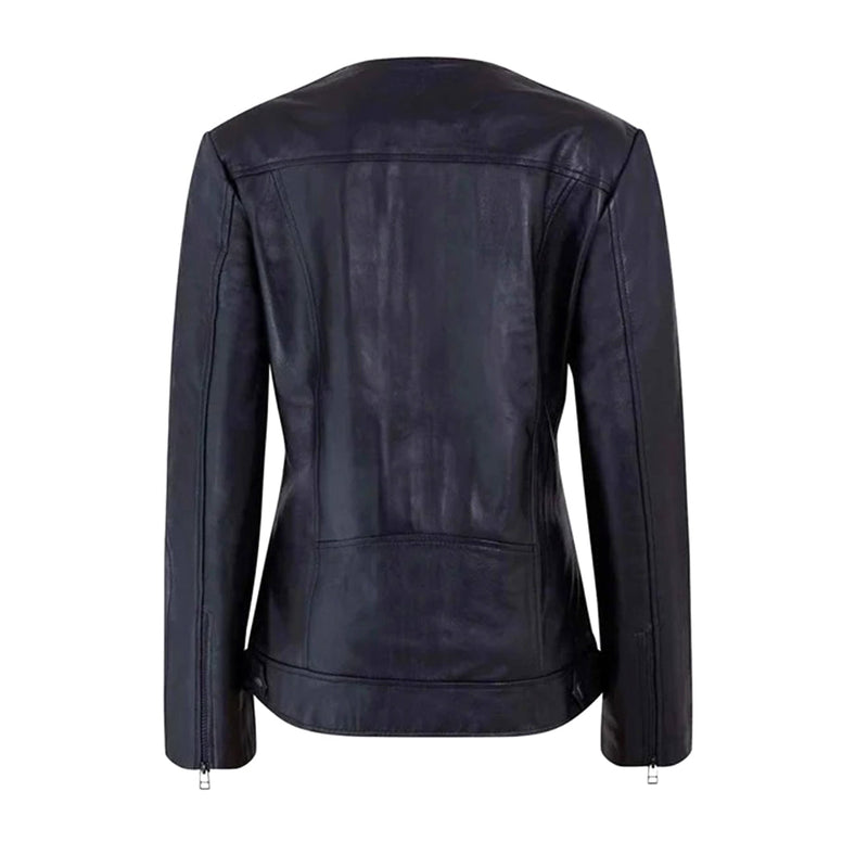 Women's Café Racer Zip-Front Leather Jacket, Collarless Design | Black The Stitch Fit