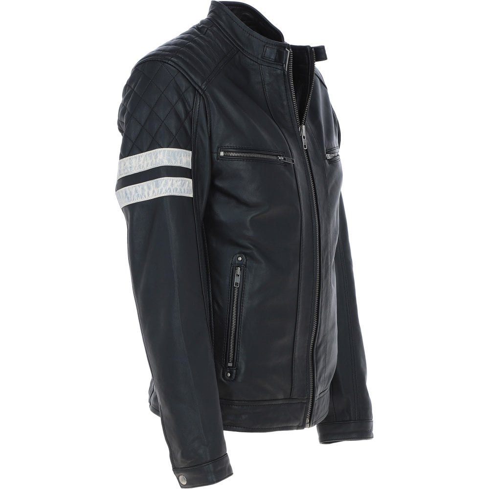 Men's Motorcycle Leather Jacket  Quilted Shoulders, Full Zip | Black & Blue The Stitch Fit