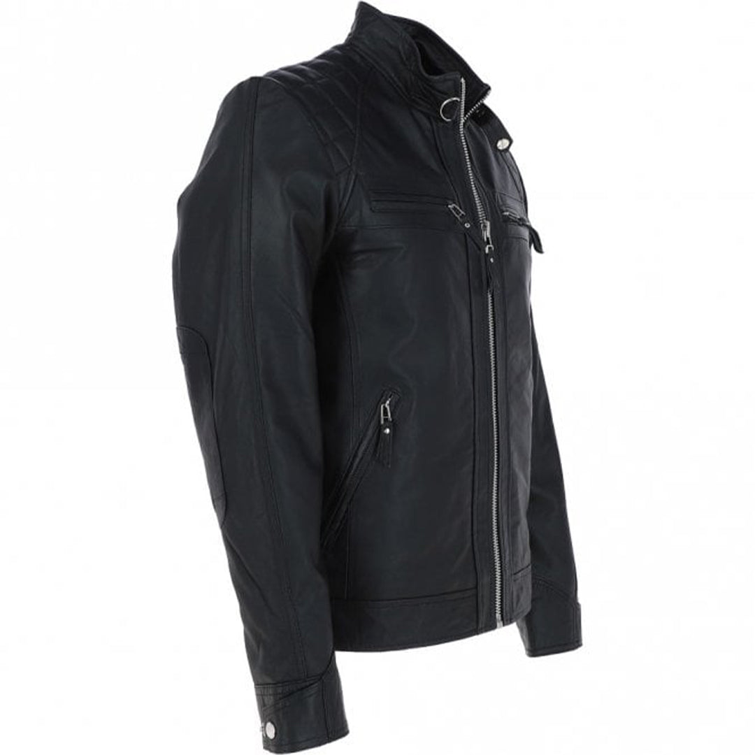 Men's Motorcycle Leather Jacket, Multiple Zippered Pockets | Black The Stitch Fit