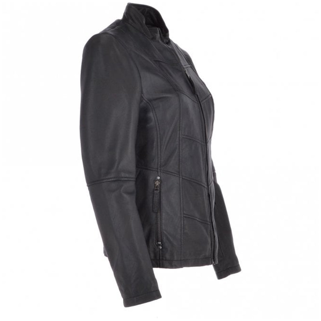 Women's Biker Style Leather Jacket With Zip Front & Stand Collar | Black The Stitch Fit
