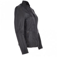 Women's Biker Style Leather Jacket With Zip Front & Stand Collar | Black The Stitch Fit