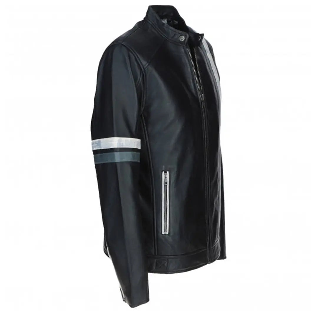 Men's Motorcycle Leather Jacket Gray & White Stripes | Blue & Black The Stitch Fit