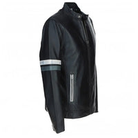 Men's Motorcycle Leather Jacket Gray & White Stripes | Blue & Black The Stitch Fit