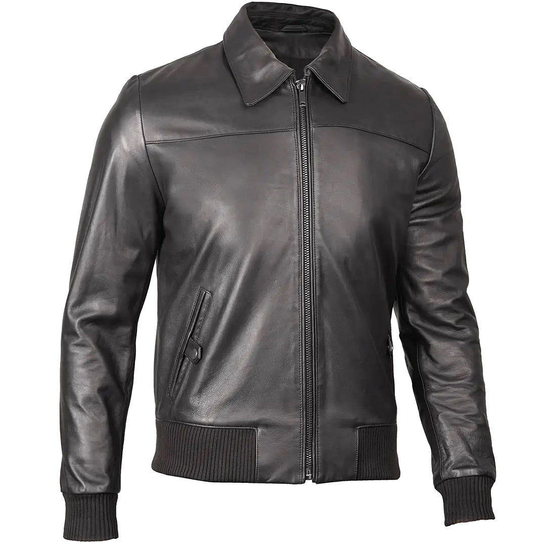 Men's Bomber Leather Jacket  Ribbed Collar & Cuff | Black The Stitch Fit